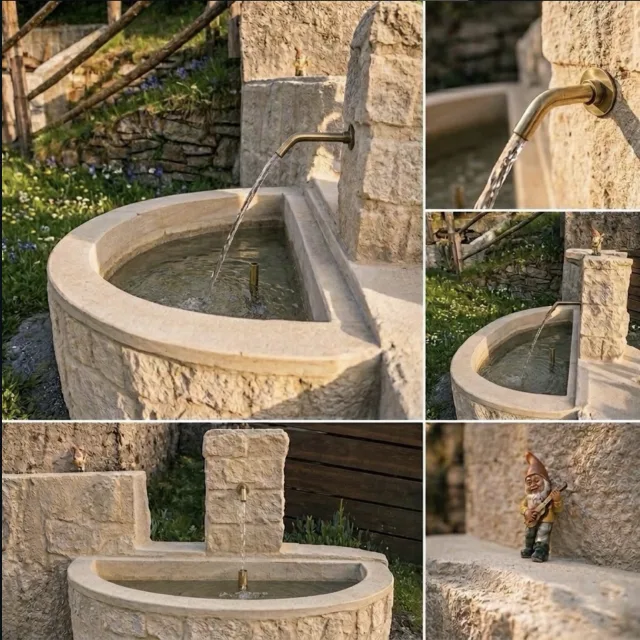 Fontana in arenaria in giardino in cinque dettagli